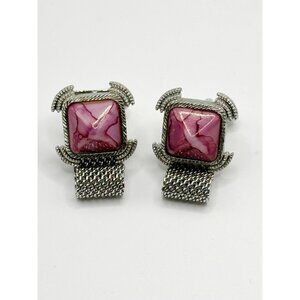 Pink Marbled Art‎ Glass Silvertone Mesh Cufflinks
